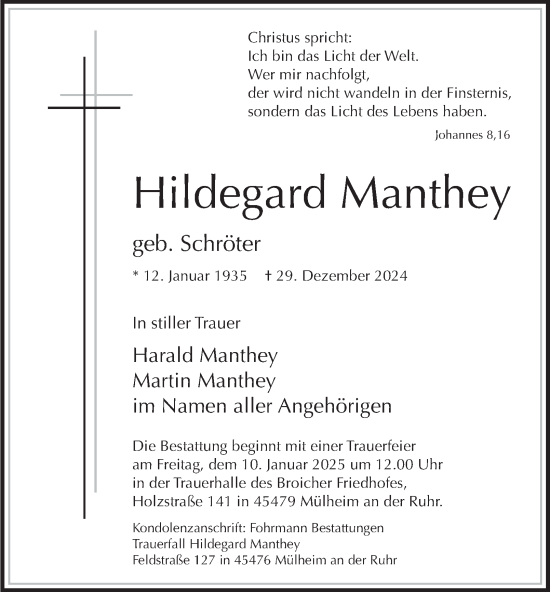 Traueranzeige von Hildegard Manthey von Tageszeitung