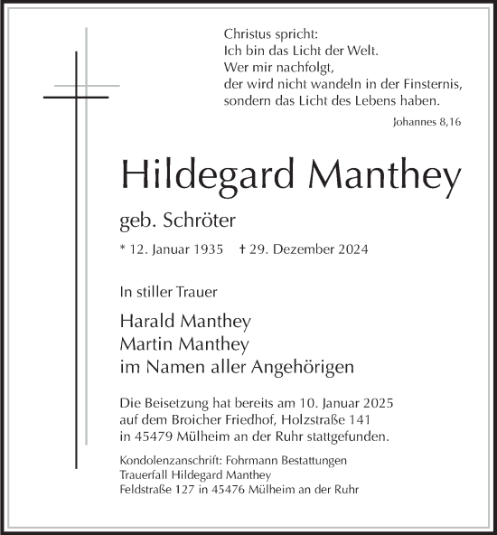 Traueranzeige von Hildegard Manthey von Tageszeitung