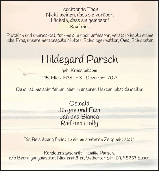 Traueranzeige von Hildegard Parsch von Tageszeitung