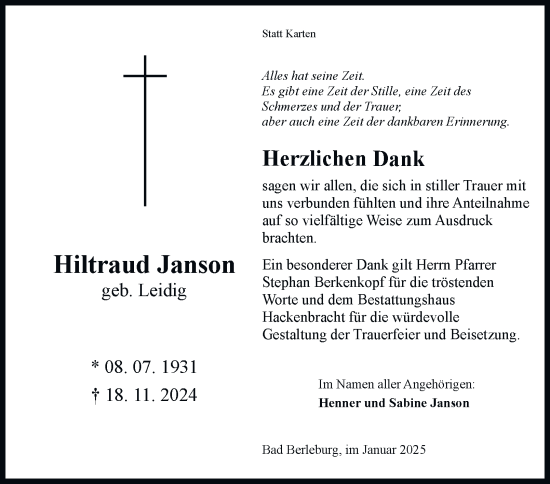 Traueranzeige von Hiltraud Janson von Tageszeitung