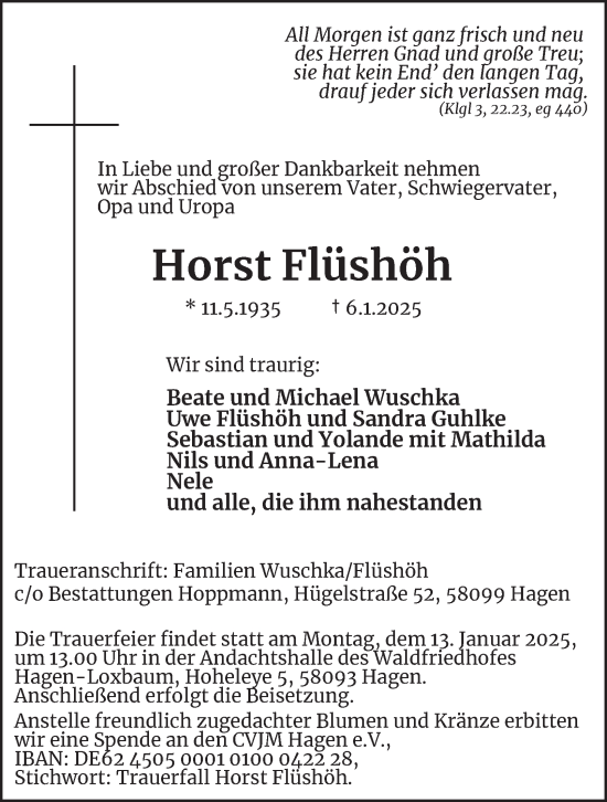 Traueranzeige von Horst Flüshöh von Tageszeitung