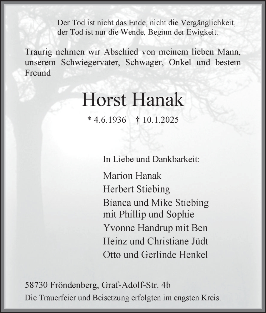  Traueranzeige für Horst Hanak vom 18.01.2025 aus Tageszeitung