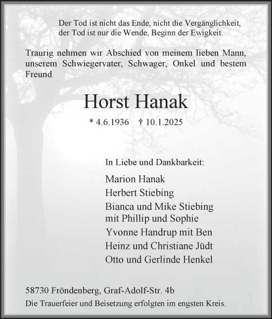 Traueranzeige von Horst Hanak von Tageszeitung