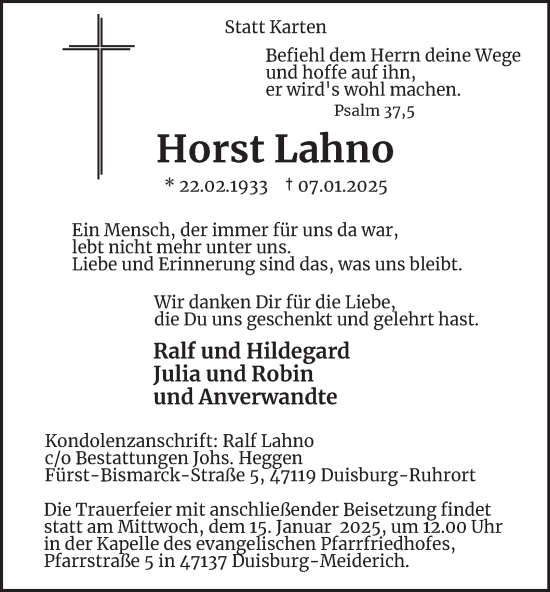 Traueranzeige von Horst Lahno von Tageszeitung