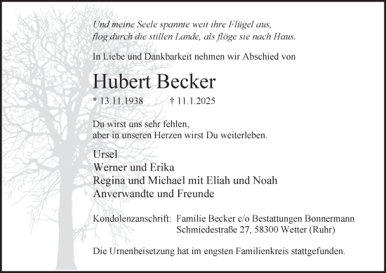 Traueranzeige von Hubert Becker von Tageszeitung