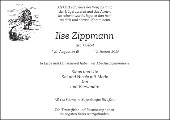 Traueranzeige von Ilse Zippmann von Tageszeitung