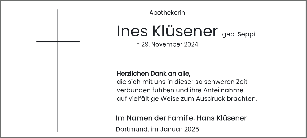  Traueranzeige für Ines Klüsener vom 18.01.2025 aus Tageszeitung