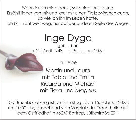 Traueranzeige von Inge Dyga von Tageszeitung