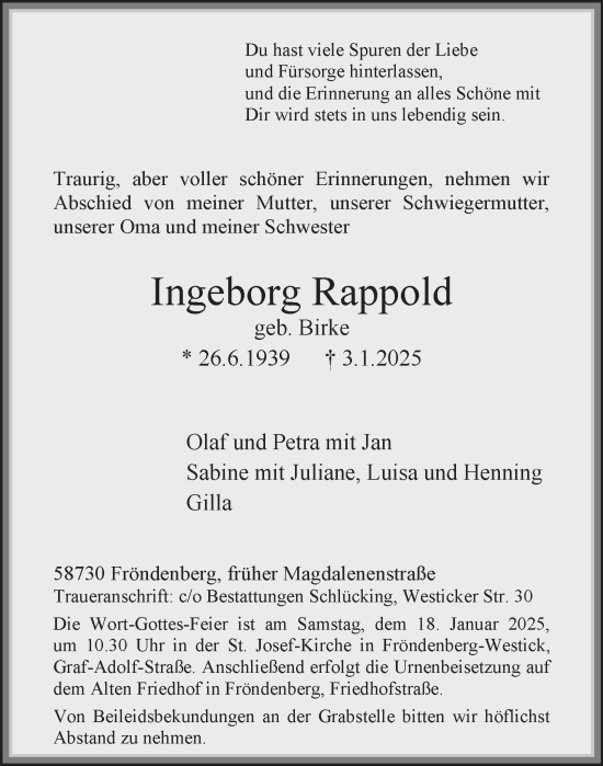 Traueranzeige von Ingeborg Rappold von Tageszeitung