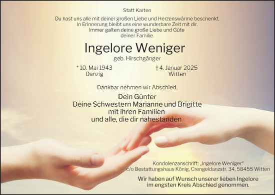 Traueranzeige von Ingelore Weniger von Tageszeitung