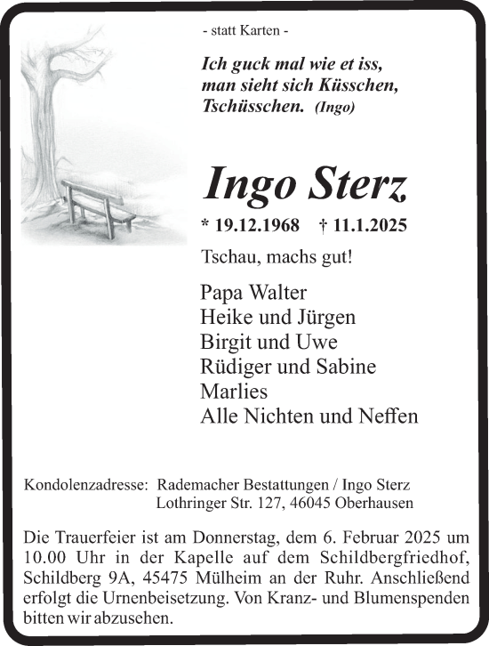 Traueranzeige von Ingo Sterz von Tageszeitung
