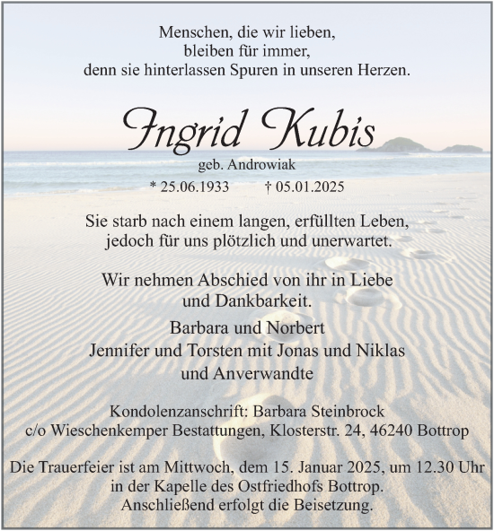 Traueranzeige von Ingrid Kubis von Tageszeitung