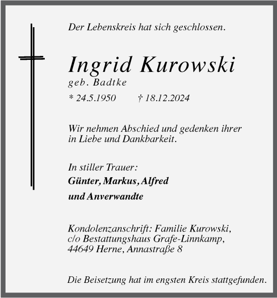 Traueranzeige von Ingrid Kurowski von Tageszeitung