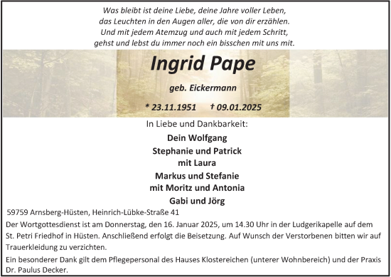 Traueranzeige von Ingrid Pape von Tageszeitung