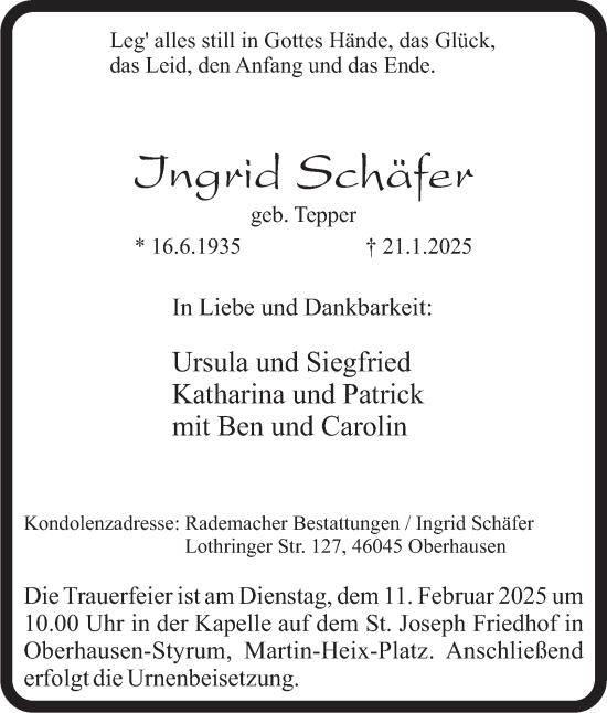 Traueranzeige von Ingrid Schäfer von Tageszeitung