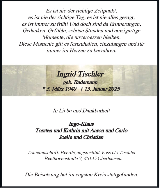 Traueranzeige von Ingrid Tischler von Tageszeitung