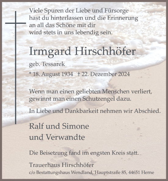 Traueranzeige von Irmgard Hirschhöfer von Tageszeitung