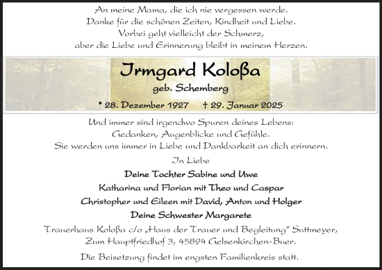 Traueranzeige von Irmgard Koloßa von Tageszeitung