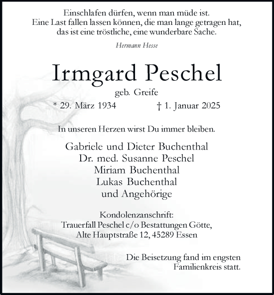 Traueranzeige von Irmgard Peschel von Tageszeitung