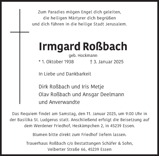 Traueranzeige von Irmgard Roßbach von Tageszeitung