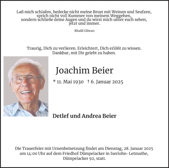 Traueranzeige von Joachim Beier von Tageszeitung