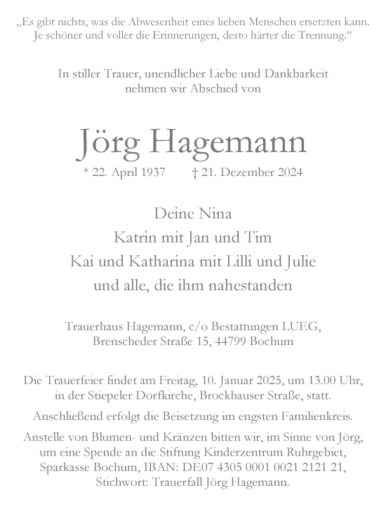 Traueranzeige von Jörg Hagemann von Tageszeitung