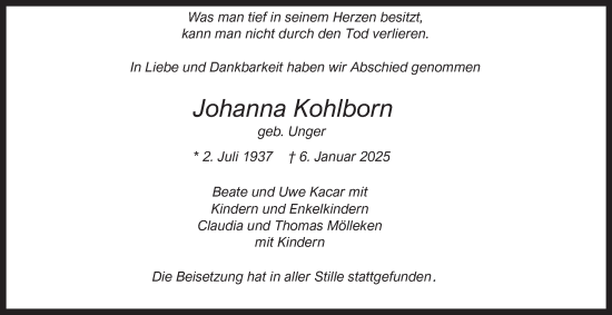 Traueranzeige von Johanna Kohlborn von Tageszeitung