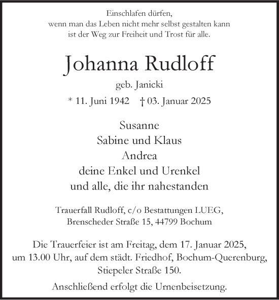 Traueranzeige von Johanna Rudloff von Tageszeitung