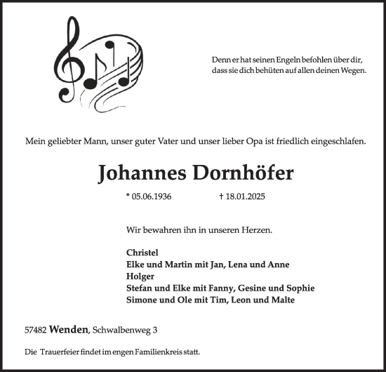 Traueranzeige von Johannes Dornhöfer von Tageszeitung