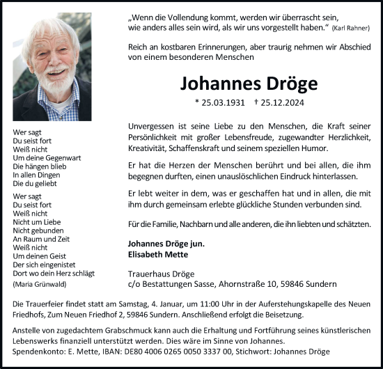 Traueranzeige von Johannes Dröge von Tageszeitung