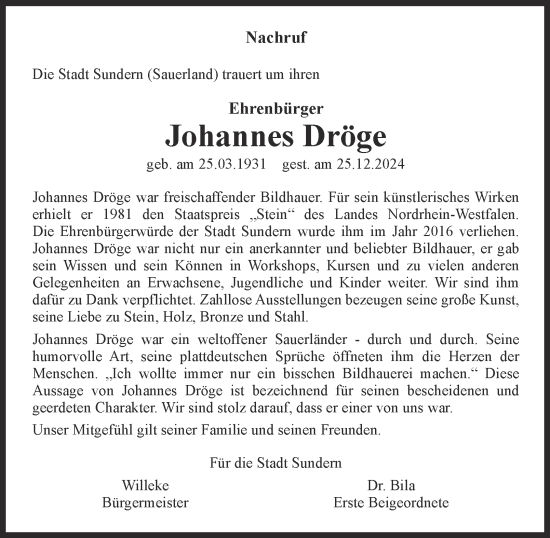 Traueranzeige von Johannes Dröge von Tageszeitung
