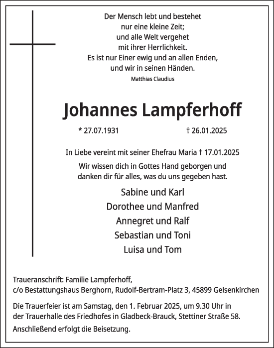 Traueranzeige von Johannes Lampferhoff von Tageszeitung
