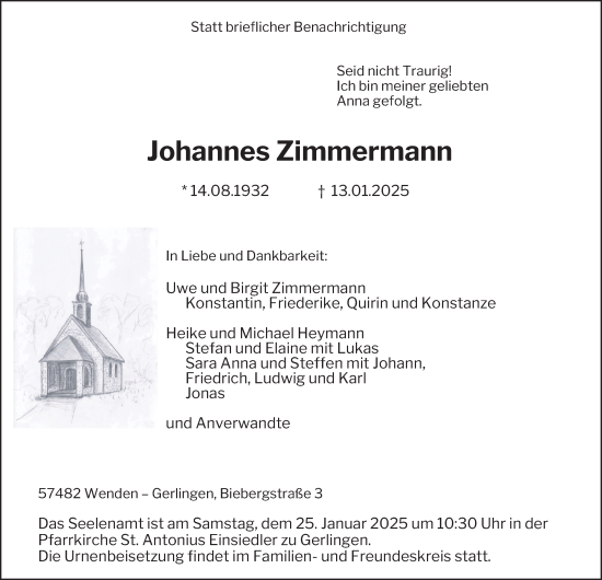 Traueranzeige von Johannes Zimmermann von Tageszeitung