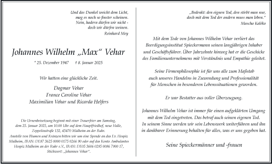 Traueranzeige von Johannes Wilhelm Vehar von Tageszeitung
