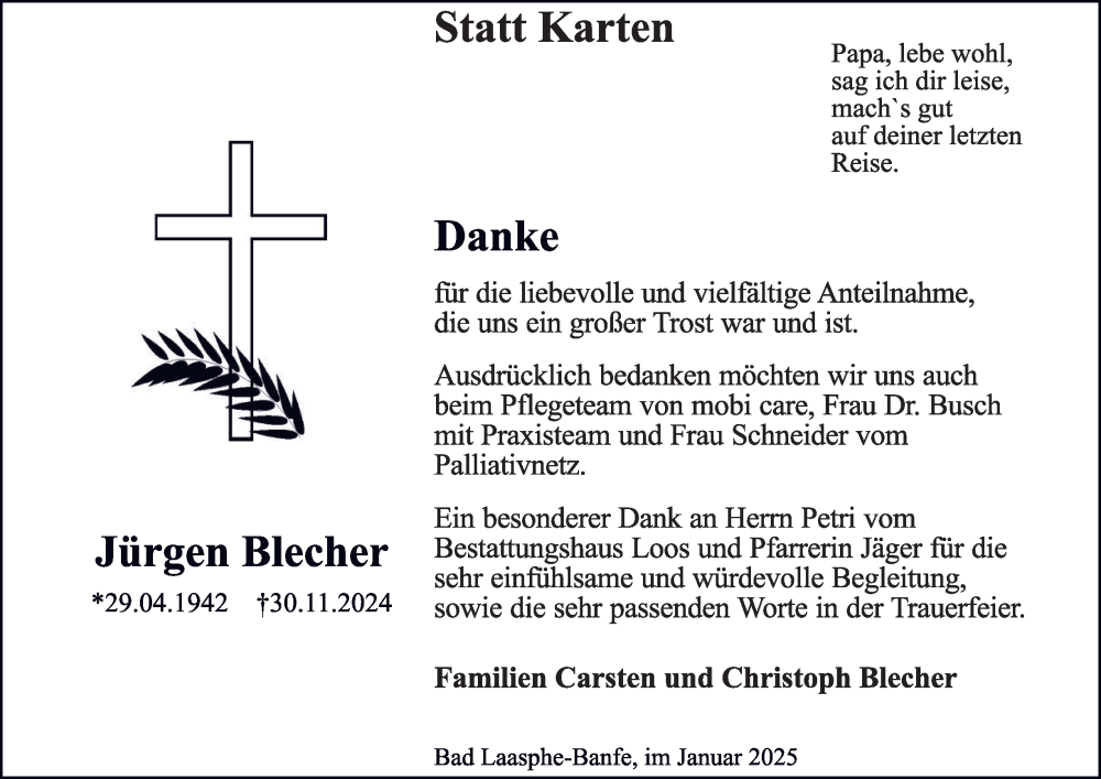  Traueranzeige für Jürgen Blecher vom 11.01.2025 aus Tageszeitung