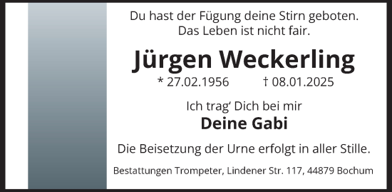 Traueranzeige von Jürgen Weckerling von Tageszeitung