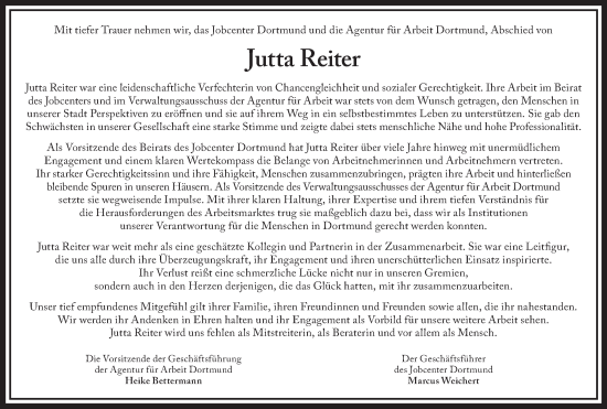 Traueranzeige von Jutta Reiter von Tageszeitung