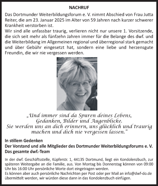 Traueranzeige von Jutta Reiter von Tageszeitung
