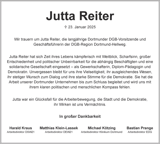 Traueranzeige von Jutta Reiter von Tageszeitung