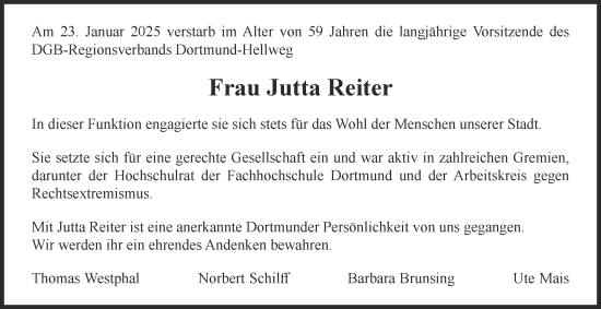 Traueranzeige von Jutta Reiter von Tageszeitung