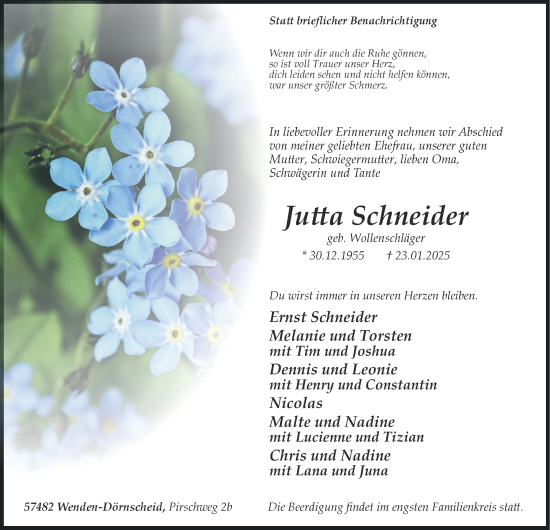 Traueranzeige von Jutta Schneider von Tageszeitung
