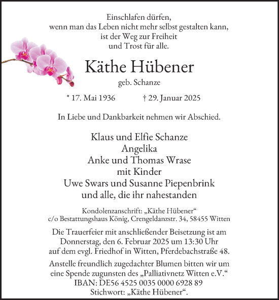 Traueranzeige von Käthe Hübener von Tageszeitung