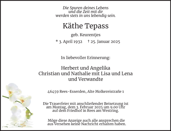 Traueranzeige von Käthe Tepass von Tageszeitung