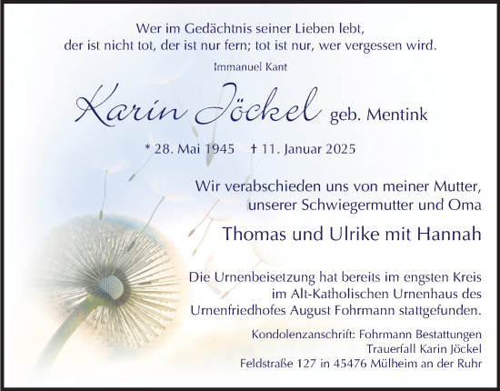 Traueranzeige von Karin Jöckel von Tageszeitung