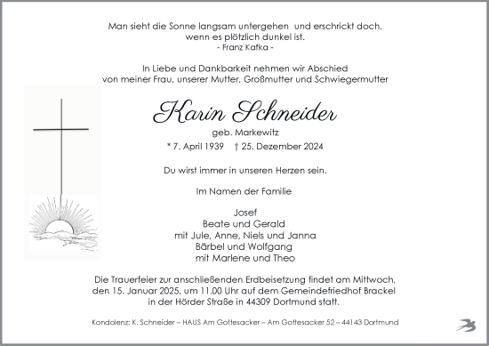 Traueranzeige von Karin Schneider von Tageszeitung