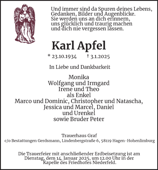 Traueranzeige von Karl Apfel von Tageszeitung