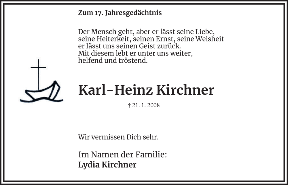  Traueranzeige für Karl-Heinz Kirchner vom 21.01.2025 aus Tageszeitung