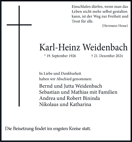 Traueranzeige von Karl-Heinz Weidenbach von Tageszeitung
