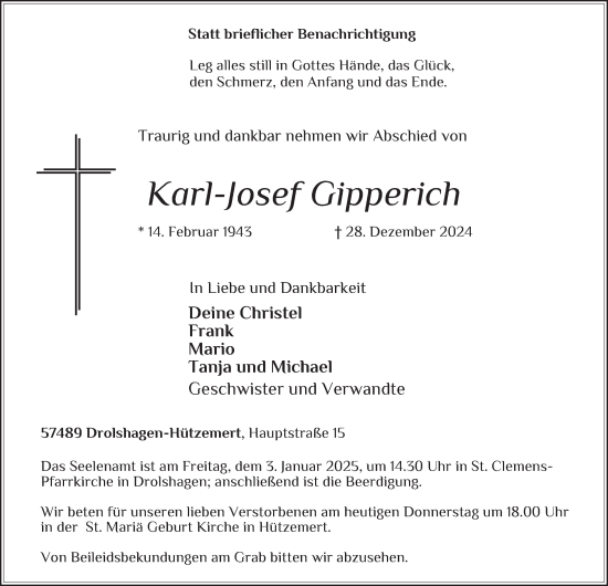 Traueranzeige von Karl-Josef Gipperich von Tageszeitung