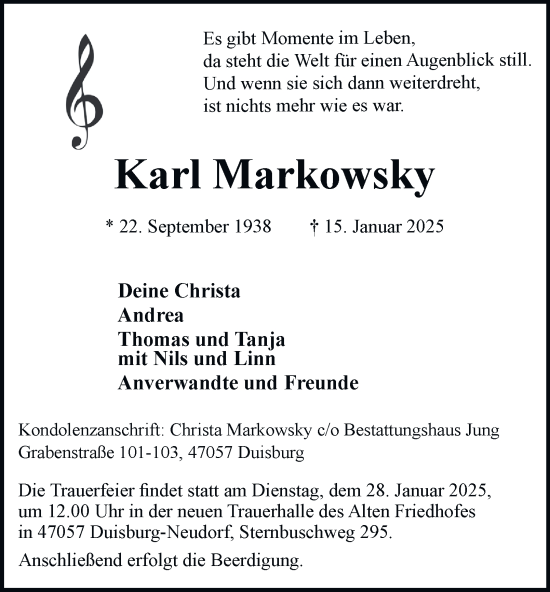 Traueranzeige von Karl Markowsky von Tageszeitung